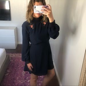 ASOS Navy High Neck Flower Embroidered Dress